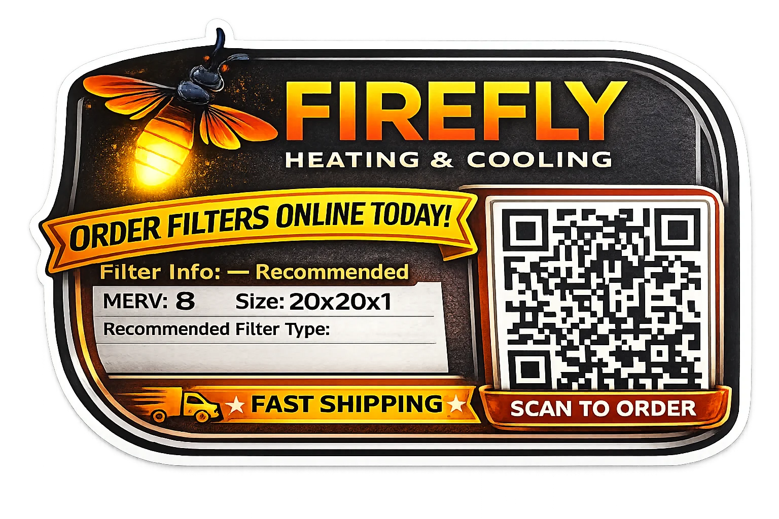 Firefly Heating & Cooling branded QR code filter sticker