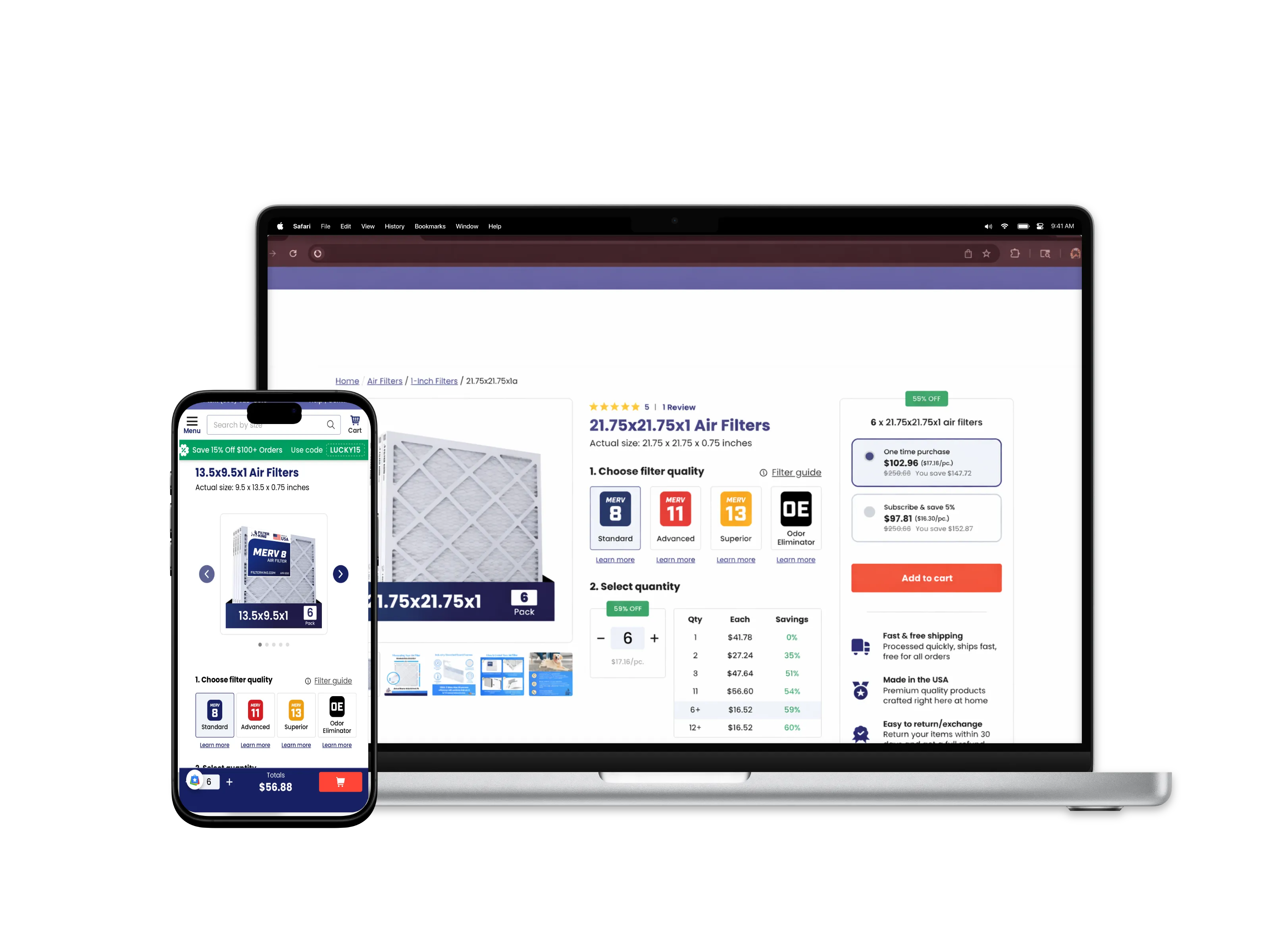 Branded air filter store embedded on HVAC contractor website