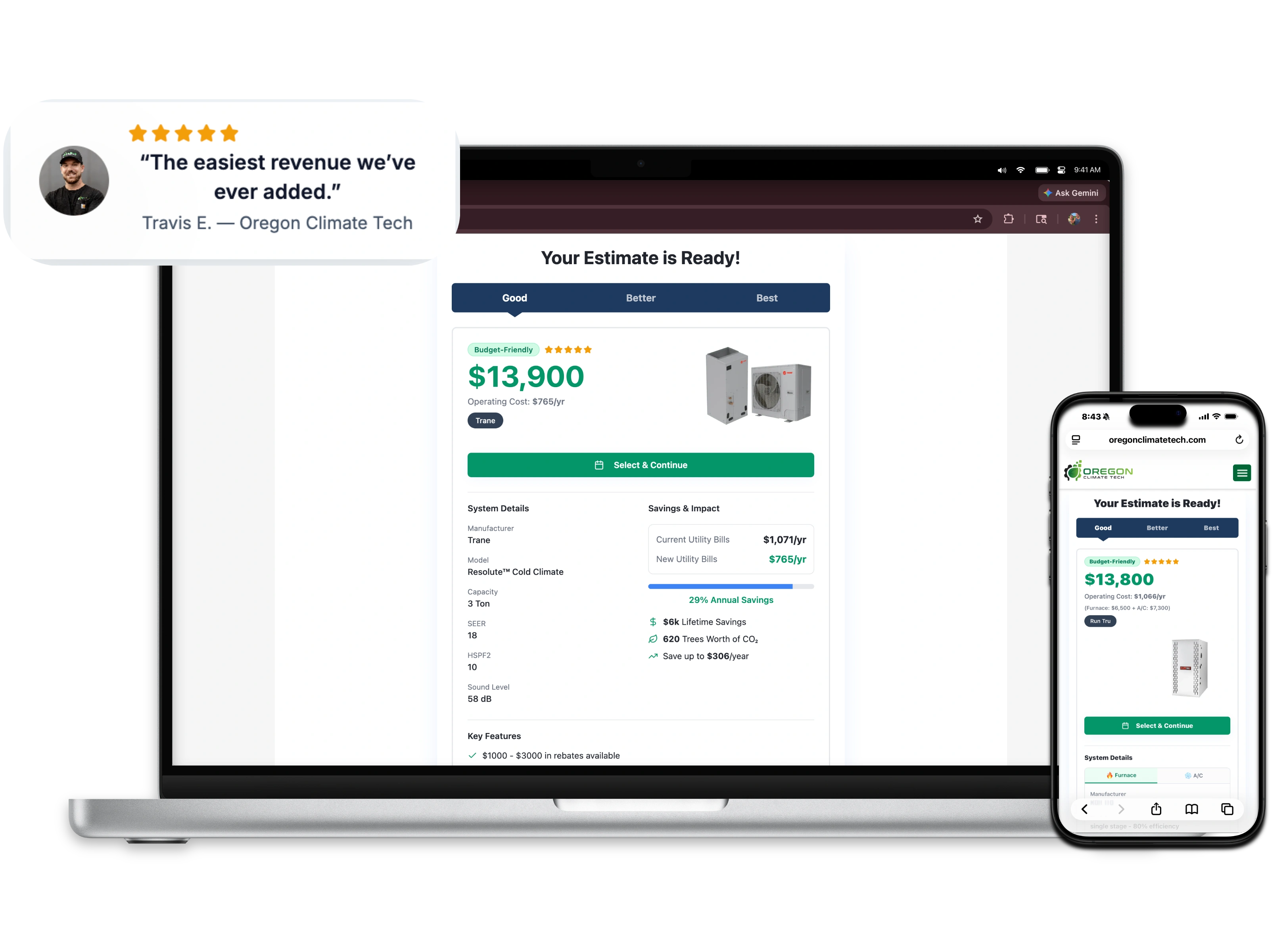 DinoQuote HVAC quoting tool on laptop and mobile showing instant estimate